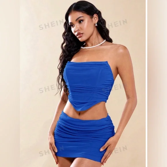 SHEIN ruched mesh tube top and bodycon skirt** set in royal blue size small - Picture 4 of 4